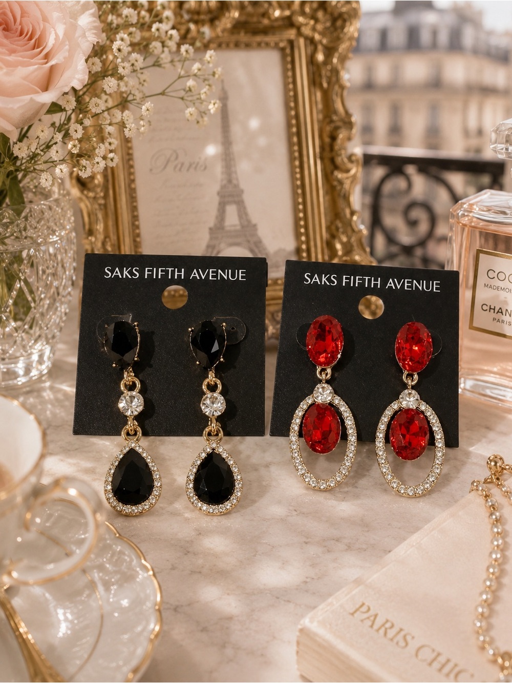 2 pair lot Saks Fifth Avenue bling Red black Drop statement Earrings set gift